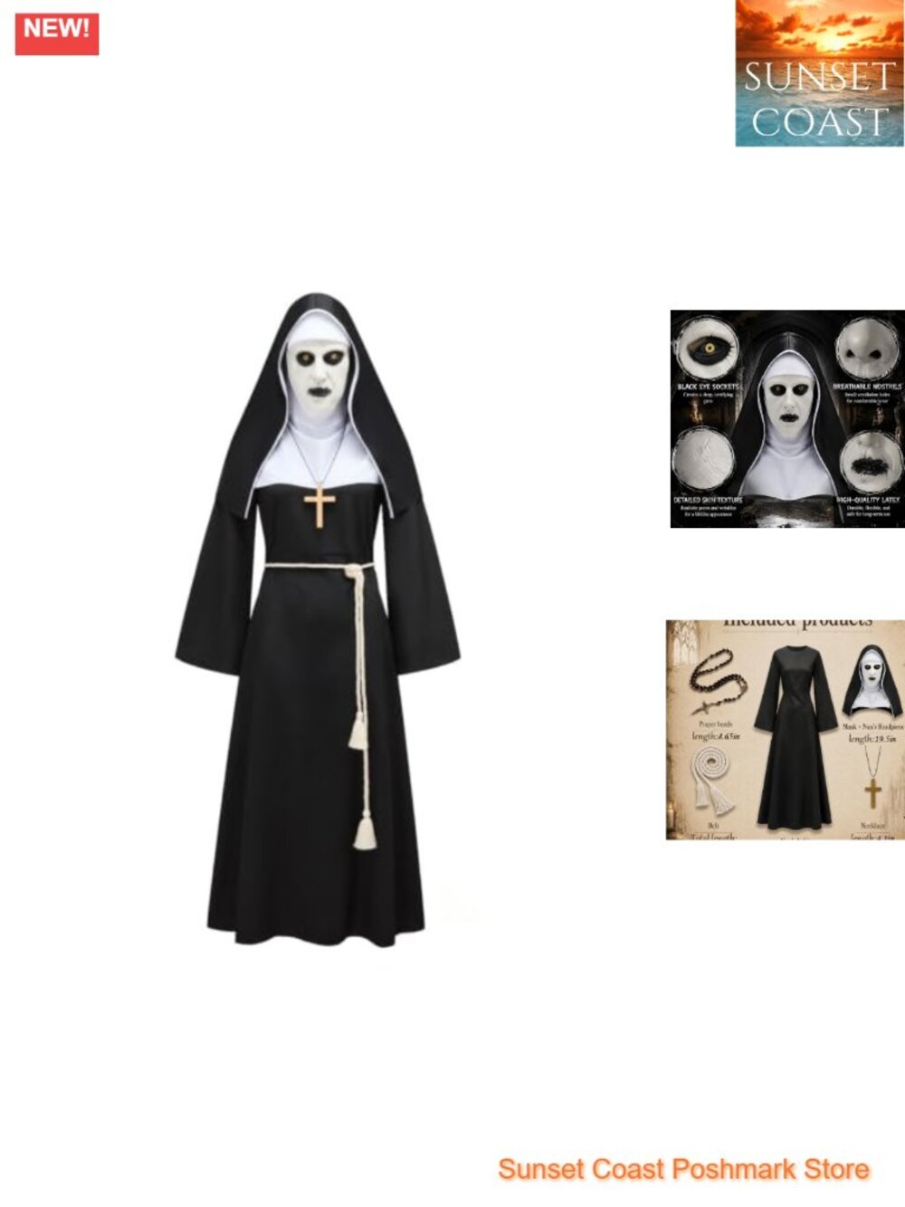 Horror Nun Costume 5 Piece Set with Mask Headpiece Belt Necklace Prayer Beads